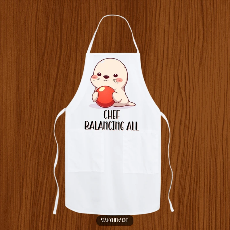 Funny seal apron, cute character balancing red ball on nose, playful humorous kitchen wear, durable, perfect funny gift for cooks.