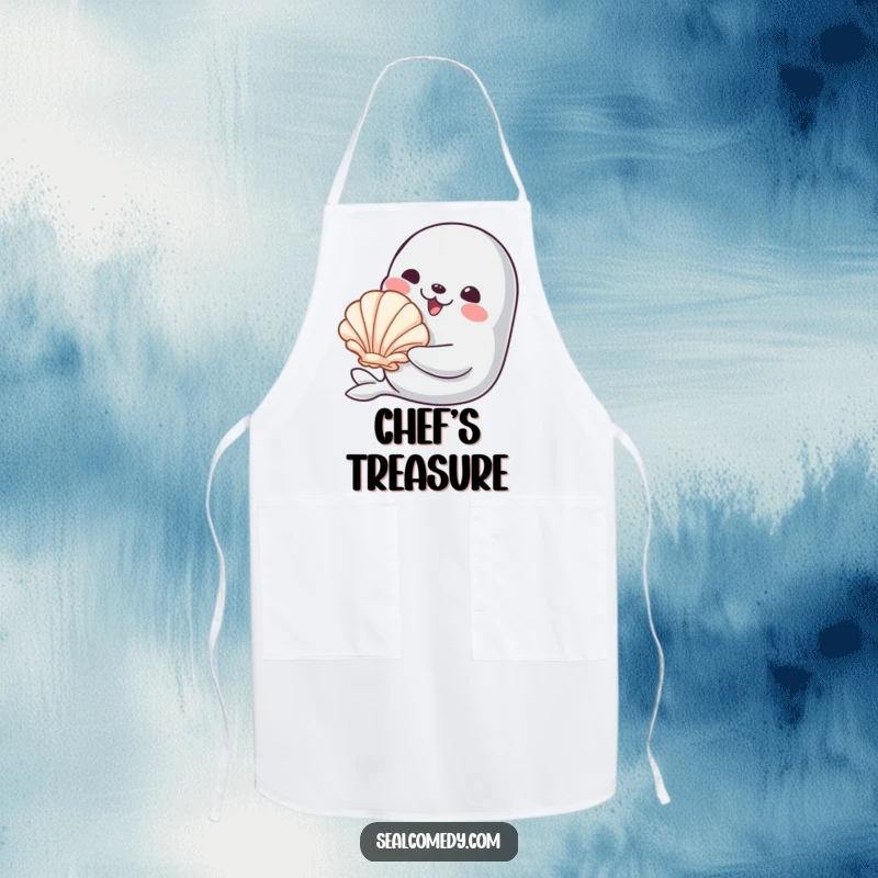 Funny apron showcasing a smiling seal offering a shiny seashell, perfect for a chef who cooks with thoughtful generosity and a warm heart.