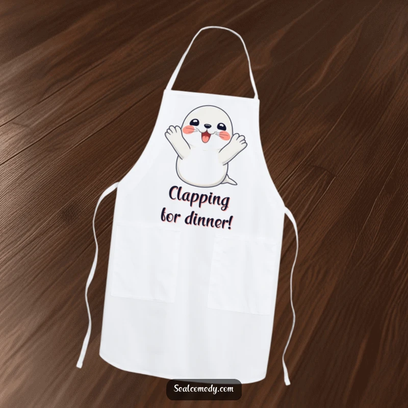 Funny seal apron for cooks, showing a happy seal clapping its flippers with excitement, combining kitchen utility and humor.