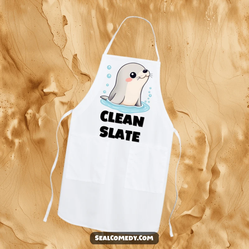 Funny apron showcasing a sleek seal emerging from bubbly water, perfect for a chef who cooks with refreshing humor and a playful spirit.