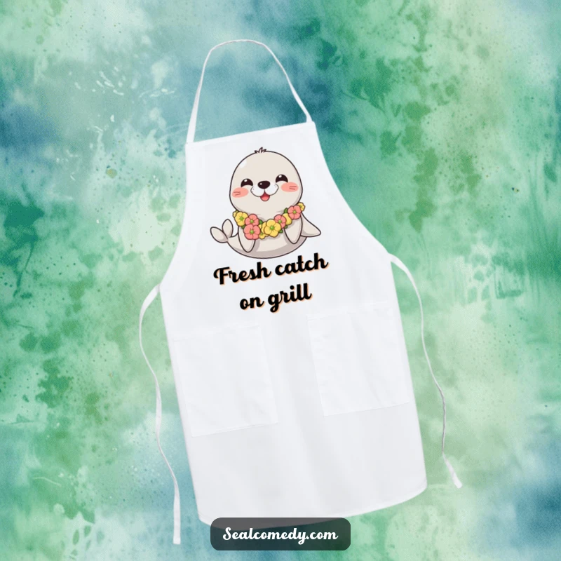 Funny happy seal apron with a seaweed lei, designed for cooks who love to bring happiness and cheer to the kitchen.