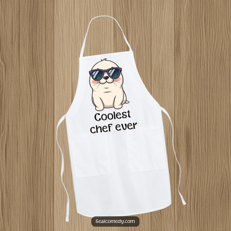 Funny seal apron wearing tiny sunglasses, looking cool and relaxed, a chill marine mammal with awesome shades.