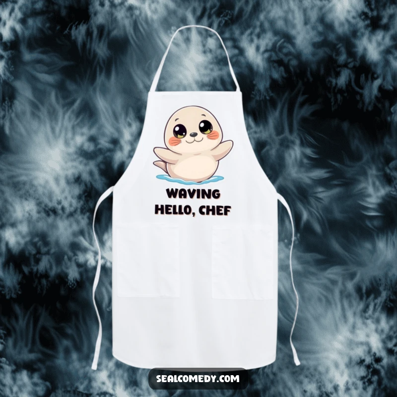Funny apron showcasing a seal with large, curious eyes, waving a flipper, designed for kitchen use and adding a touch of sweetness.