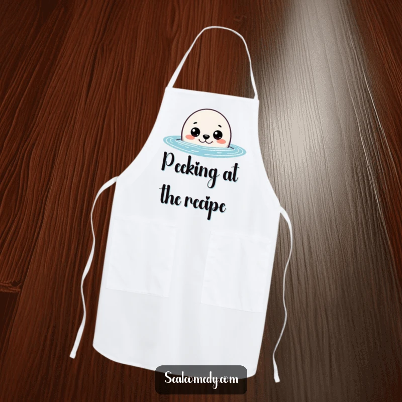 Funny seal apron for cooks, showing a curious seal peeking out of the water with wide eyes, combining kitchen utility and humor.