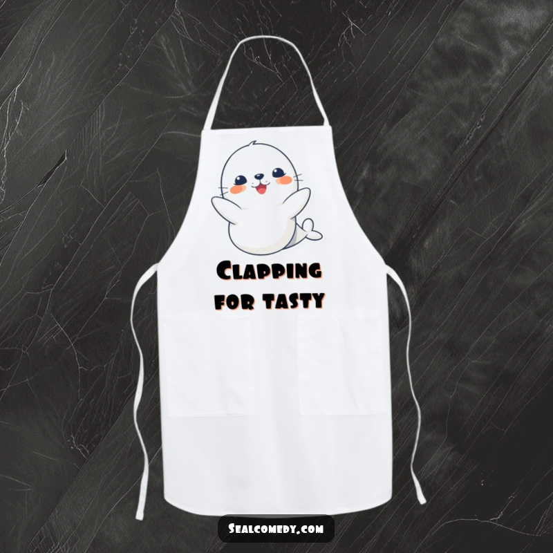 Funny cute seal apron, great for cooking, showing a happy clapping seal, bringing marine cheer to the kitchen.