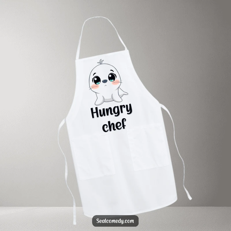 Funny apron showcasing a seal with huge, excited eyes looking upwards, perfect for a chef who cooks with passion and joy.