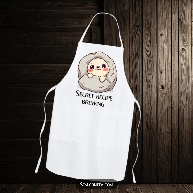 Funny mischievous seal apron, showing a seal peeking slyly from behind a rock, adding playful humor to cooking.