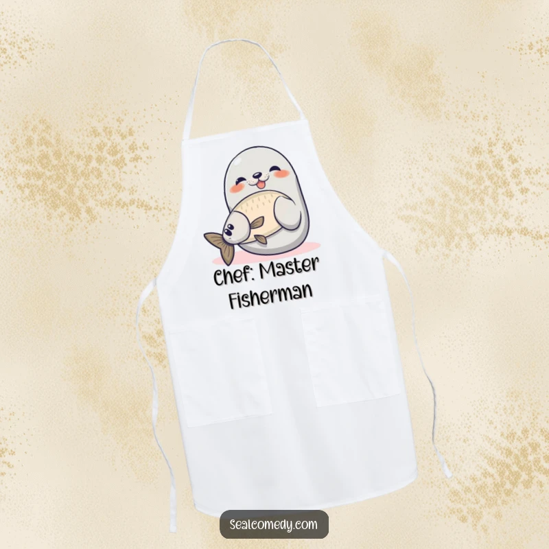 Funny seal apron for cooks, showing a proud seal catching a fish, combining kitchen utility and humor.