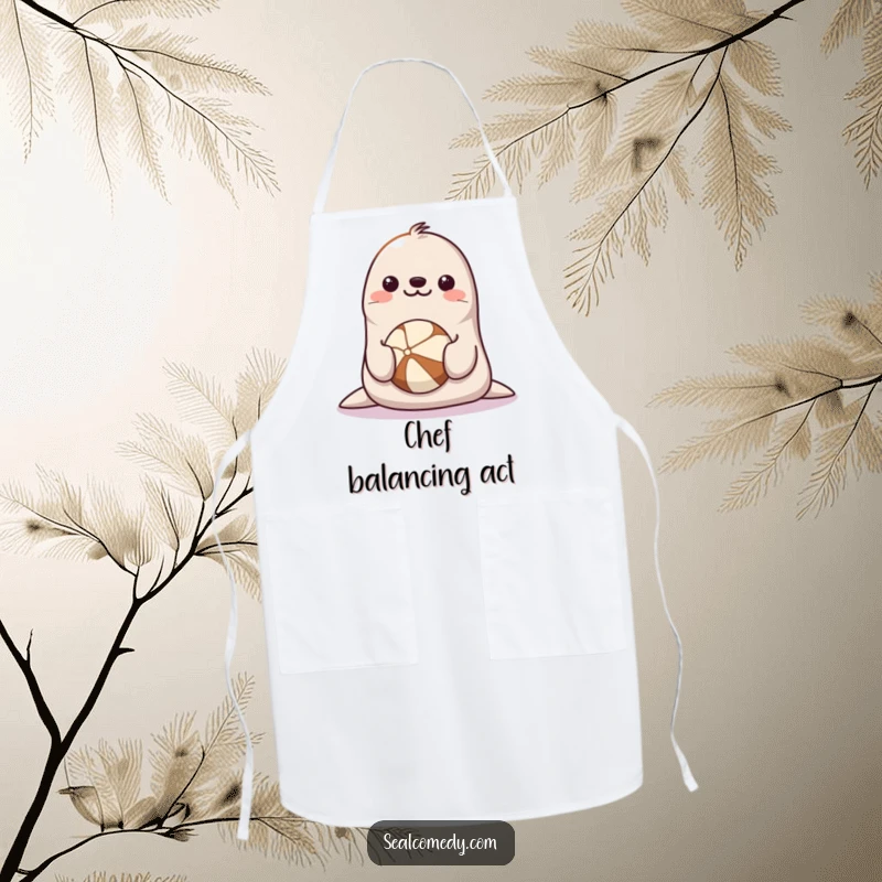 Funny Seal Apron: A smiling happy seal balancing a ball on its nose, perfect for a playful cook.