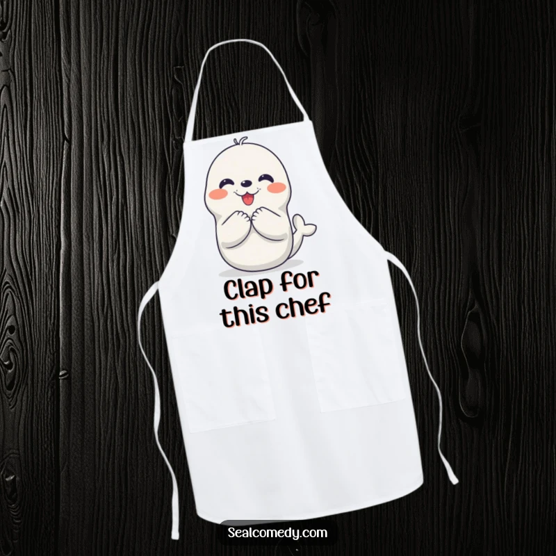 Funny apron depicting a seal character enthusiastically clapping its flippers, perfect for kitchen fun and a great funny gift.