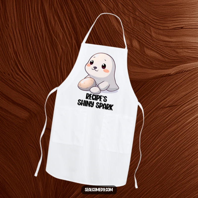 Funny Apron: A seal nudges a shiny pebble with its snout, perfect for a humorous kitchen adventure.