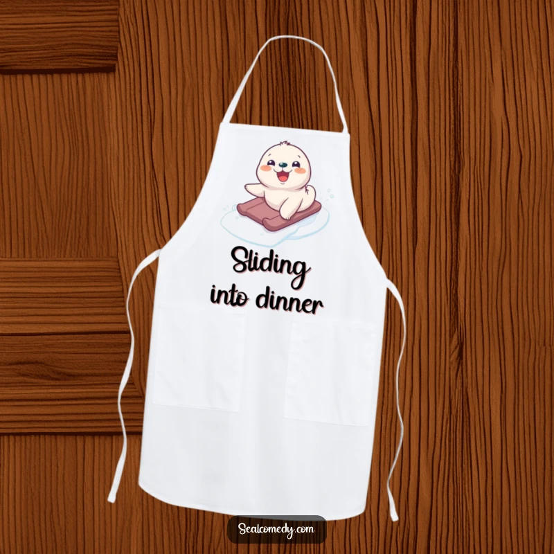 Funny seal pup in motion, sliding down an icy slope, printed on a practical kitchen apron for culinary fun.
