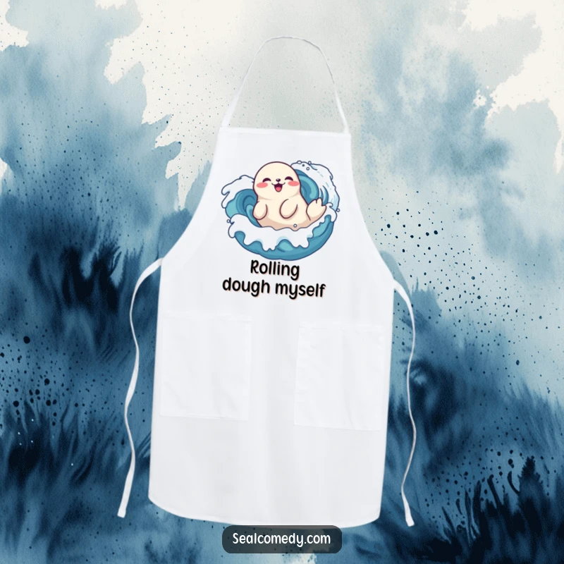 Funny seal apron doing a playful roll in stylized waves, a delighted marine mammal enjoying the ocean, kitchen accessory.