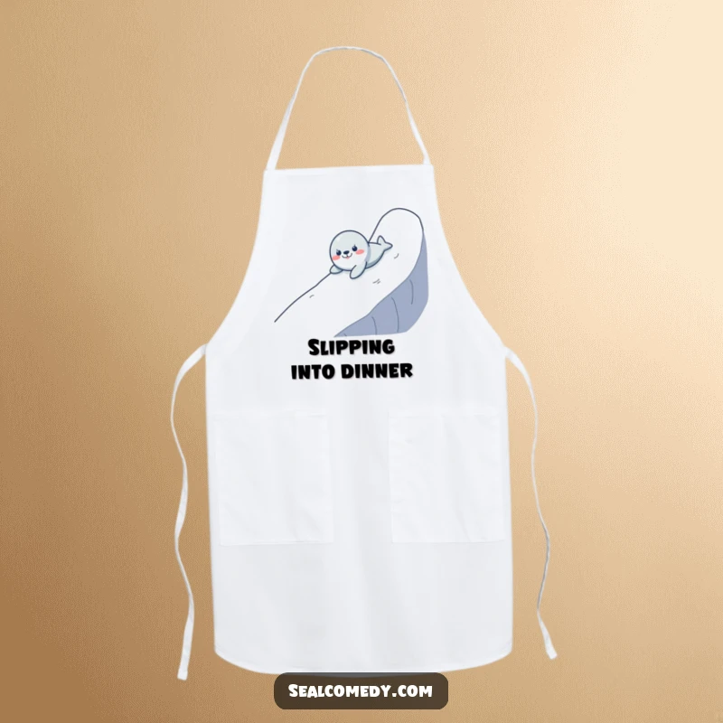 Funny apron showing a seal navigating a slippery slope with a comical expression, ideal for kitchen use and lighthearted moments.