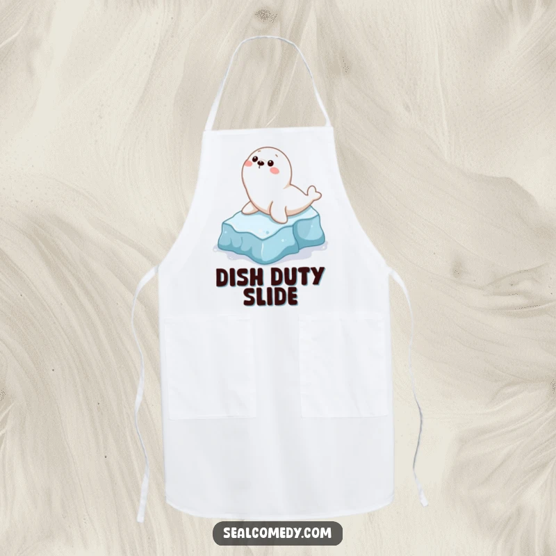 Funny apron depicting a playful seal character hilariously sliding down a small icy slope, ideal for a humorous kitchen atmosphere.