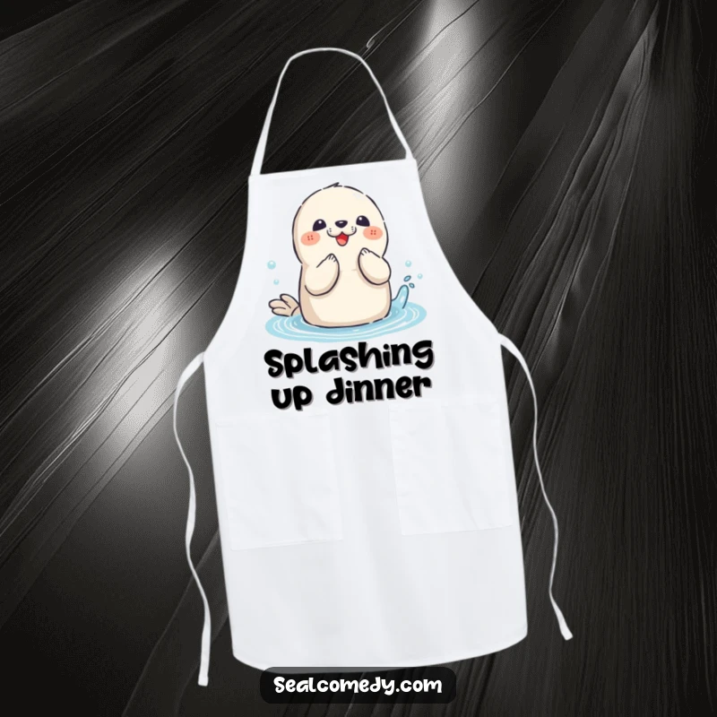 Funny Seal Apron: A playful seal with flippers clapping, enjoying a splash, great for a fun chef.