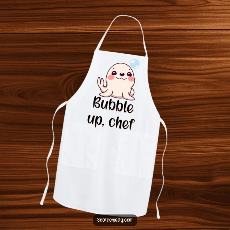 Funny Seal Apron: A seal with a silly smile honking its nose at a bubble. A humorous and functional kitchen accessory, perfect funny gift.