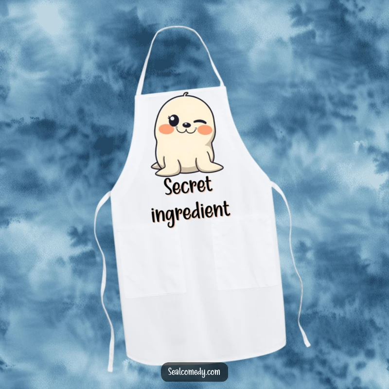 Funny apron designed with a seal winking with a mischievous grin, making kitchen tasks more amusing.