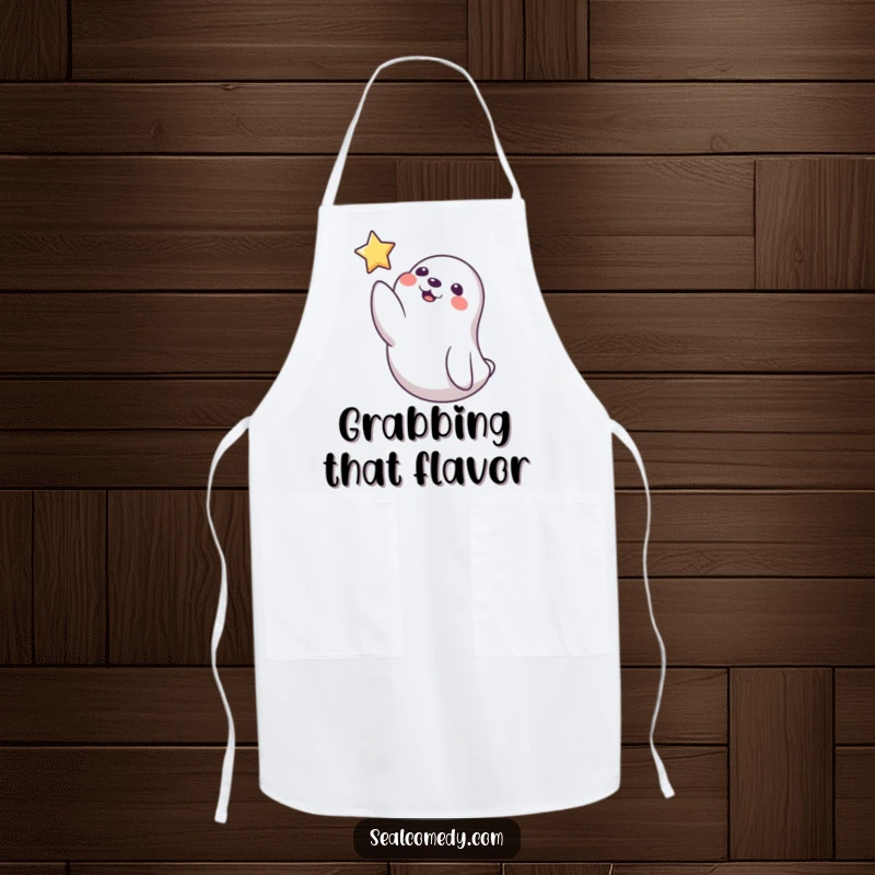 Funny Seal Apron: A playful seal reaches a flipper towards a floating star, perfect for the chef who dreams big.