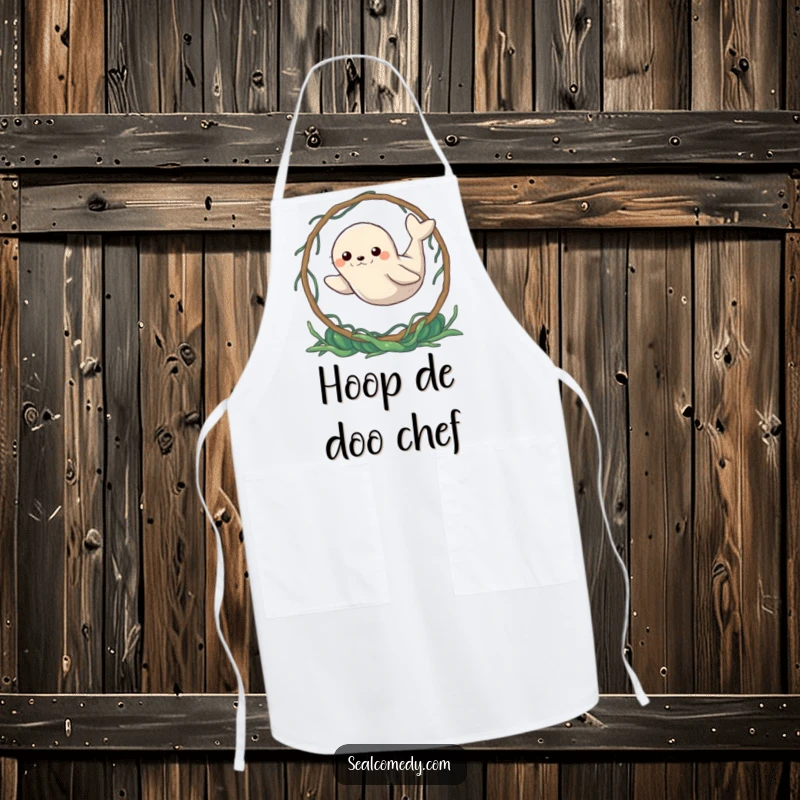 Funny Seal Apron: A determined seal leaps through a seaweed hoop. A humorous and functional kitchen accessory, perfect funny gift.