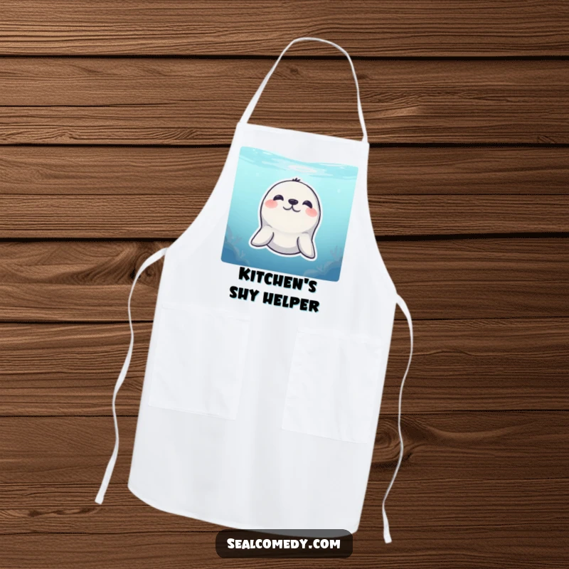 Funny Apron: A shy seal peeks from underwater with a smile, perfect for humorous kitchen attire.