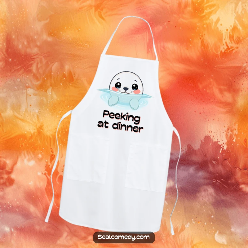 Funny seal pup with wide, curious eyes, peeking its head out of the water, featured on a kitchen apron for a curious cooking experience.