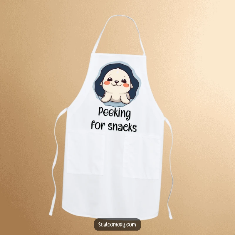 Funny apron showcasing a curious seal character peeking out from a hole in the ice, ideal for a whimsical kitchen.