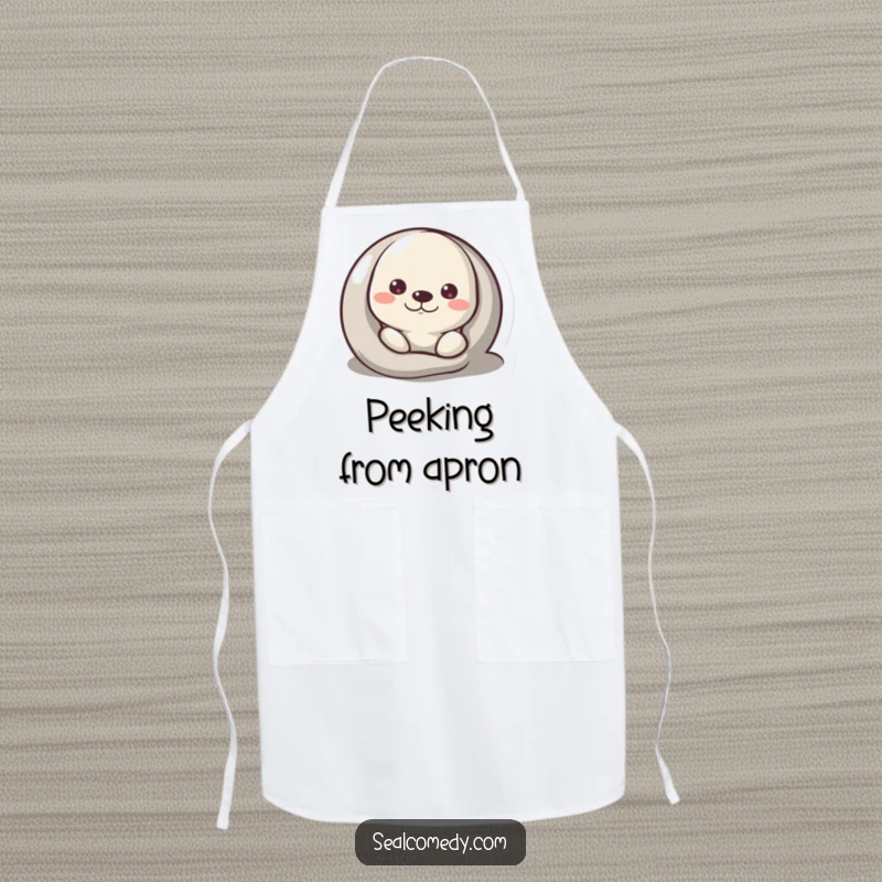 Funny Apron featuring a curious seal peeking from behind a pebble, ideal for kitchen watchfulness.