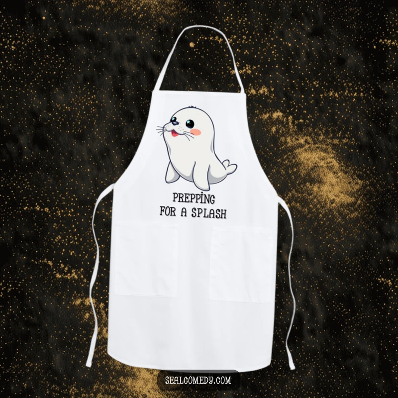 Funny seal apron for chefs, showing a seal in an alert diving pose, ready for kitchen action.