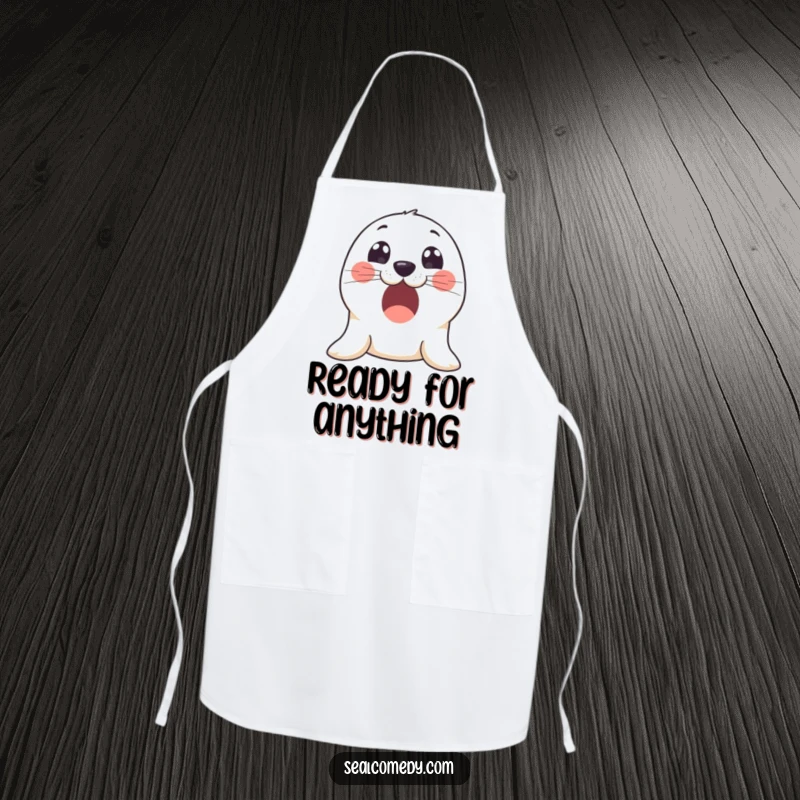 Funny apron featuring an excited seal with large, innocent eyes, ready to add a touch of wonder to cooking.
