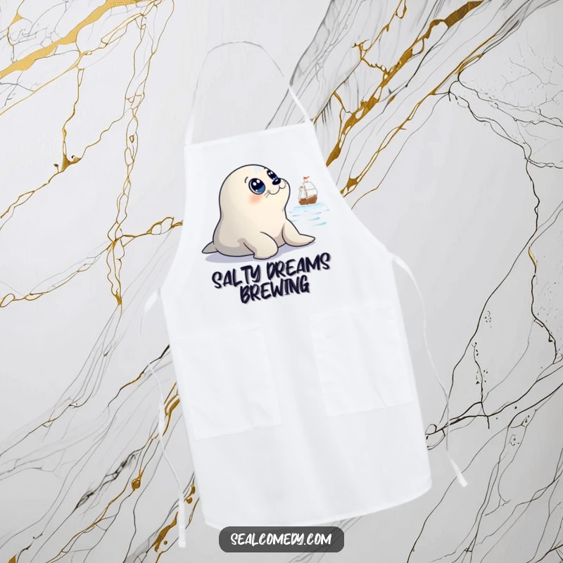 Funny apron with a seal character's innocent eyes observing a distant ship, perfect for adding humor to kitchen activities.