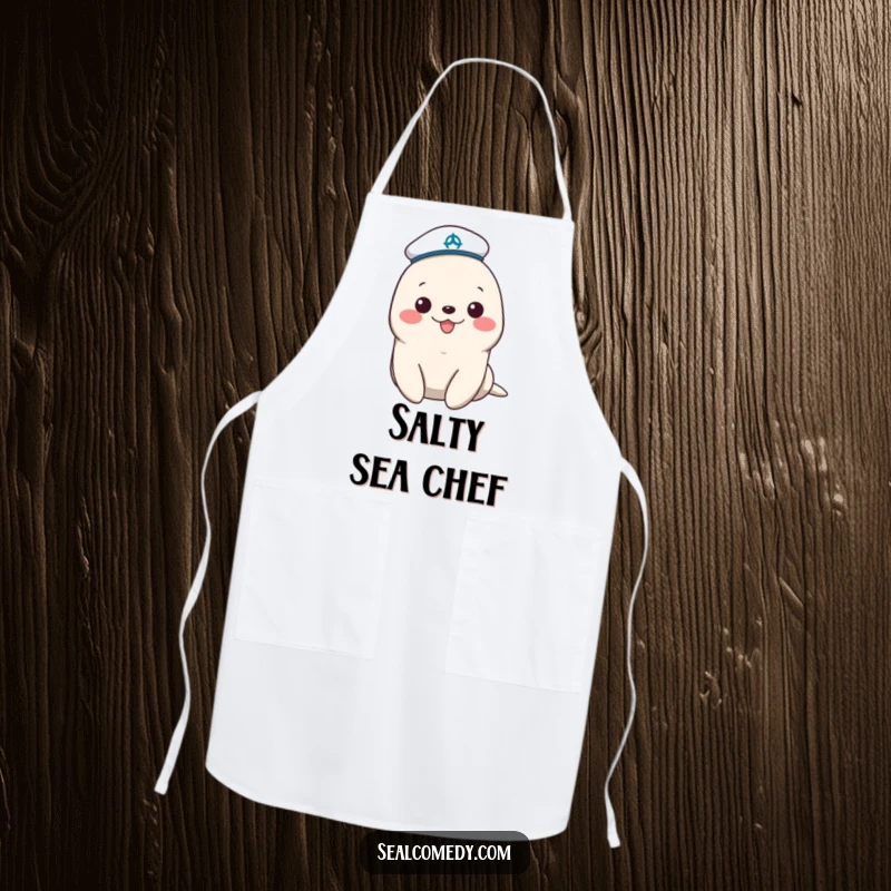 Funny sailor seal apron with a tiny hat, perfect for adding cheerful maritime humor and adorable animal charm to cooking and baking.