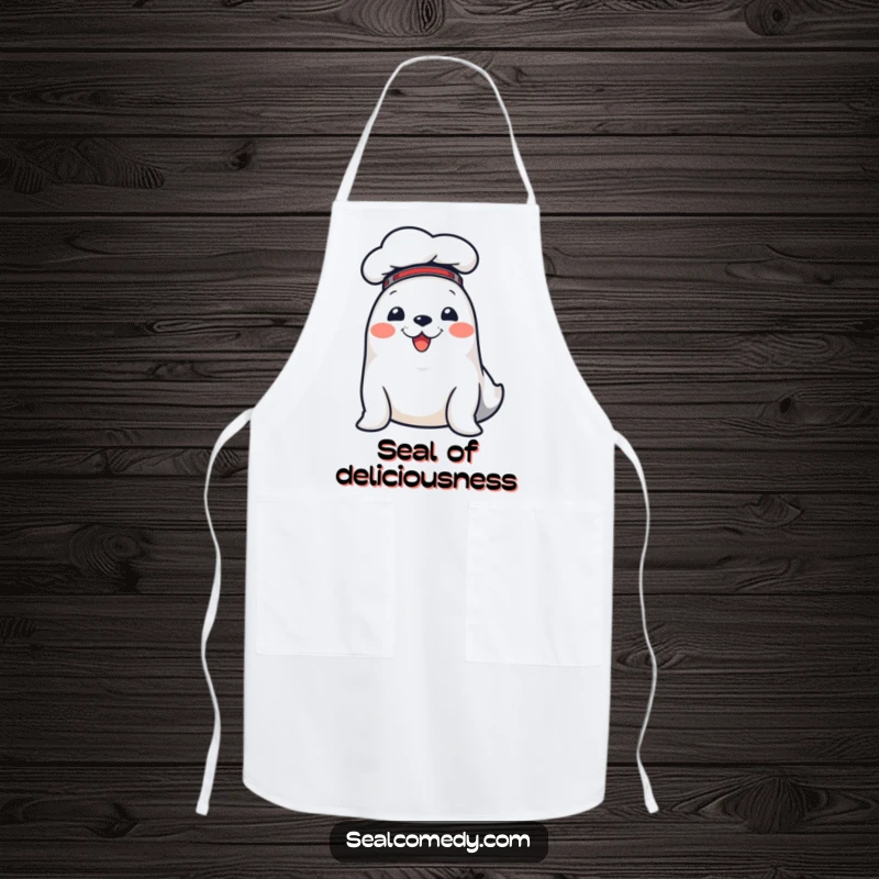 Funny apron featuring a cheerful seal in a chef hat, designed to keep cooks clean with a side of kitchen humor.