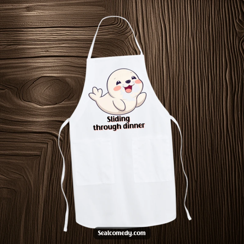 Funny seal pup gleefully sliding on its belly with a delighted smile, featured on a kitchen apron for a playful cooking experience.