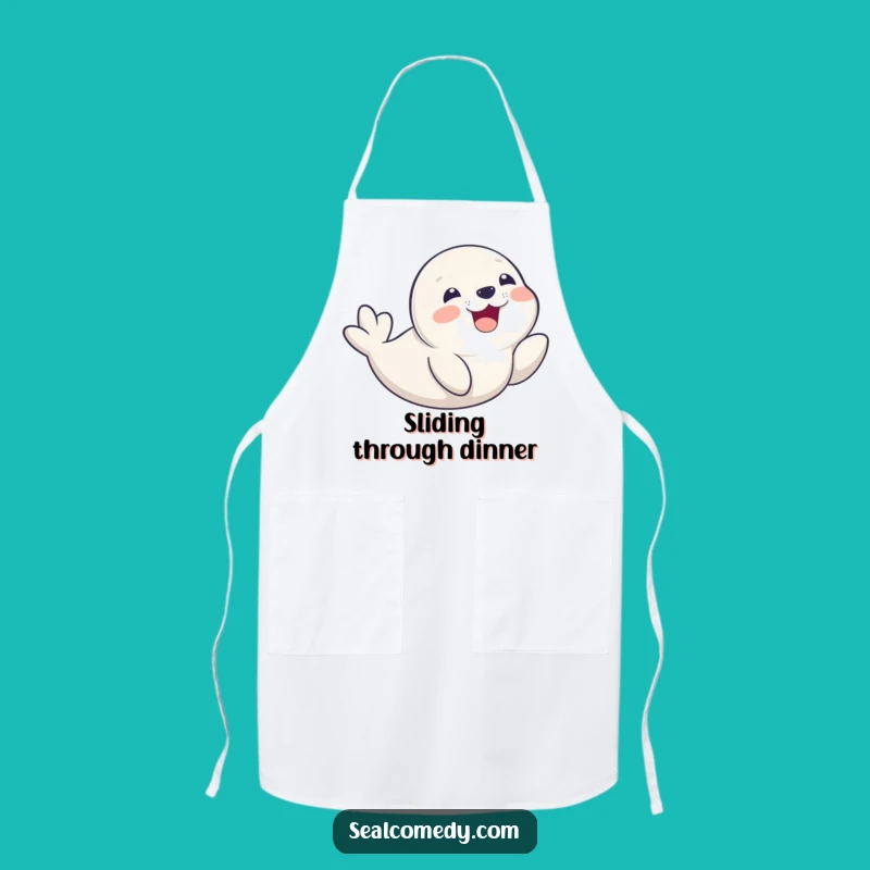 Funny Seal Pup Belly Slide Apron - Playful Smiling Pup Kitchen Gift