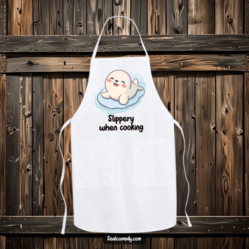 Funny seal with a huge grin sliding down a wet surface, a cheerful and practical kitchen apron.
