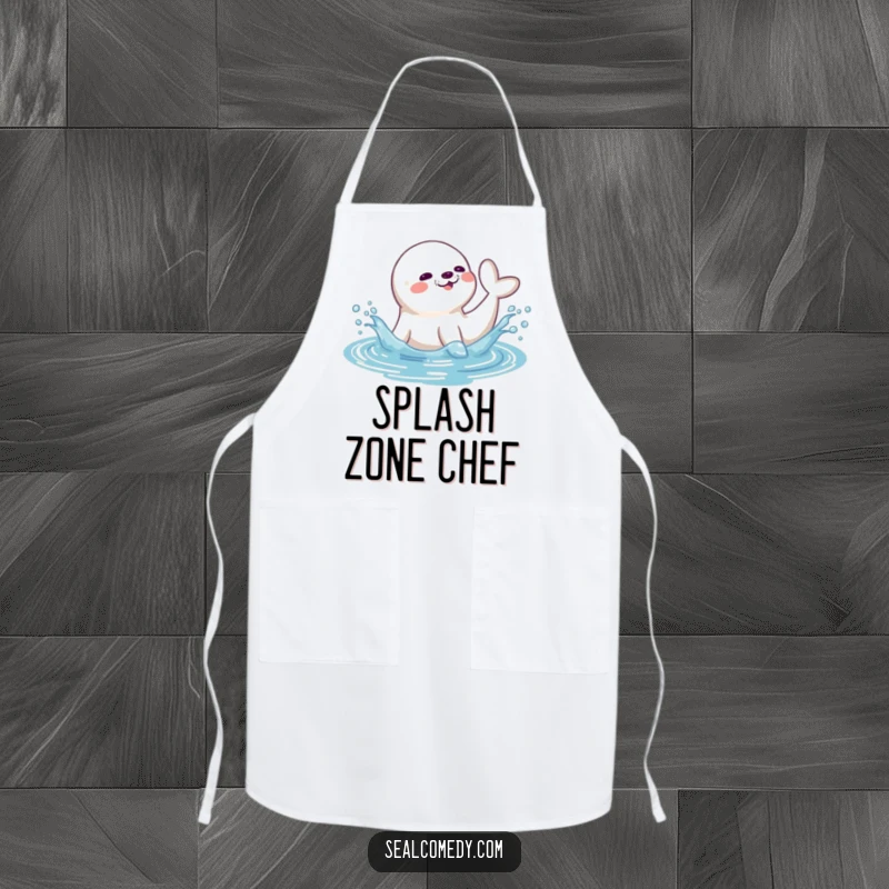 Funny seal apron with a playful seal splashing water with its tail, ready to assist in the kitchen with aquatic cheer.