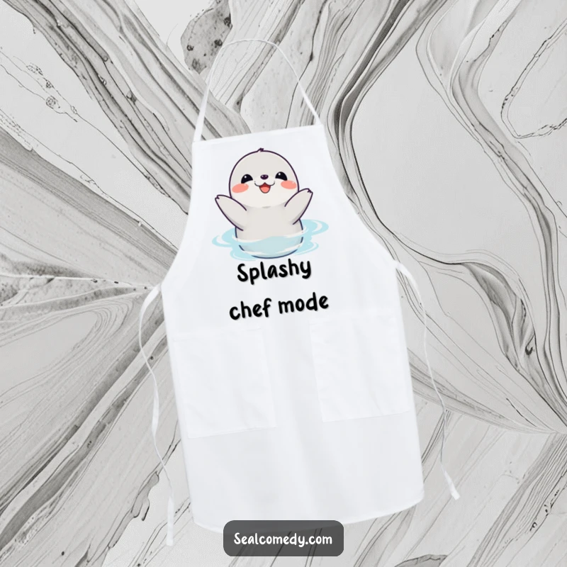 Funny seal apron showing a happy sea creature clapping its flippers joyfully in the water, perfect for celebratory cooking.