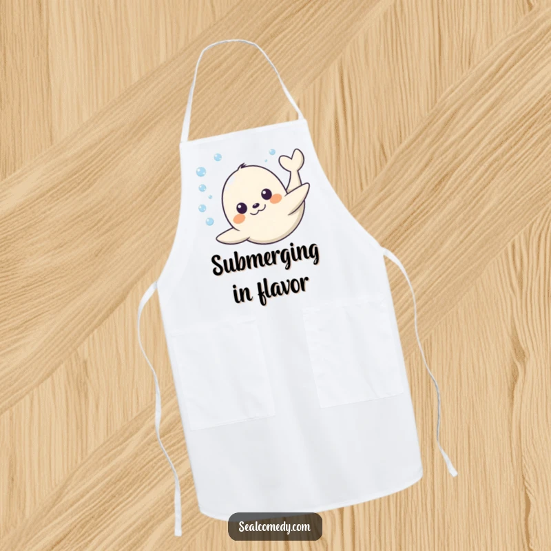 Funny Seal Apron: A happy seal dives underwater, bringing a humorous and joyful element to this practical kitchen accessory. Perfect funny gift.