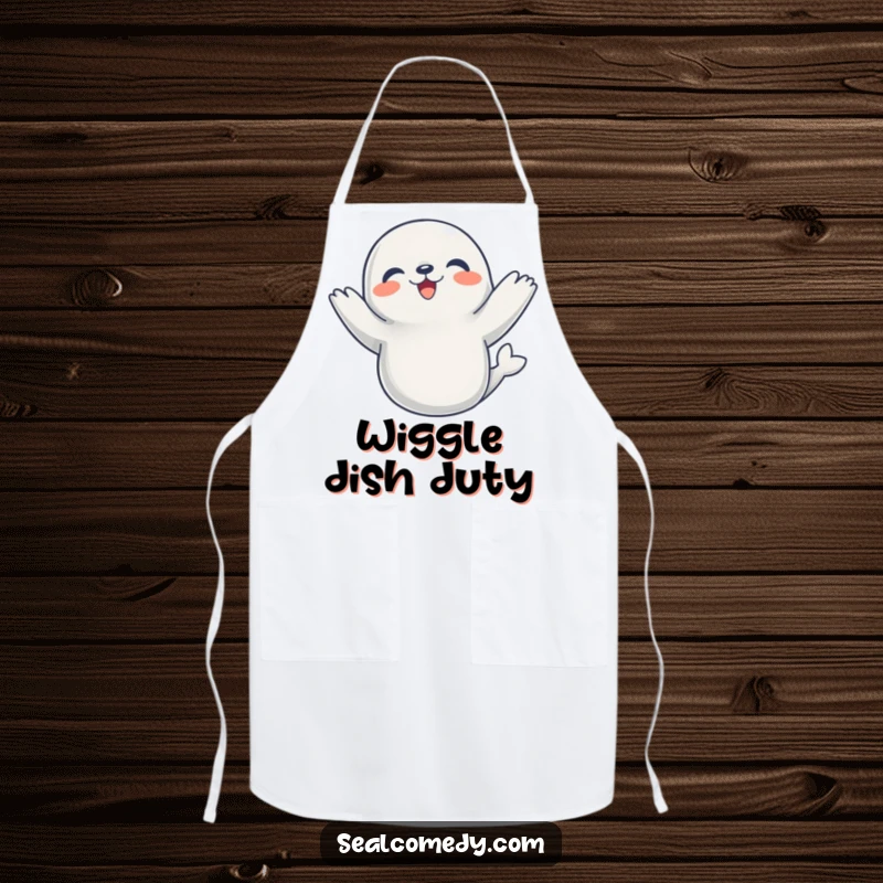 Funny Apron showing a seal dancing with flippers raised, perfect for a joyful kitchen experience.
