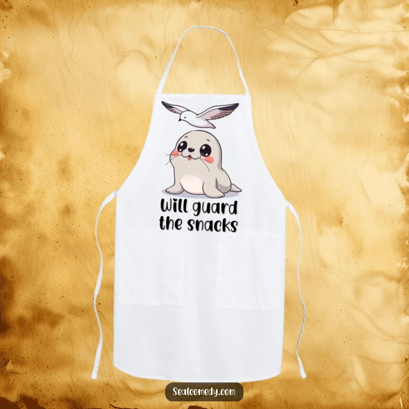 Funny Seal Apron: Wide-eyed seal watches a seagull overhead, a humorous and practical accessory for the kitchen.