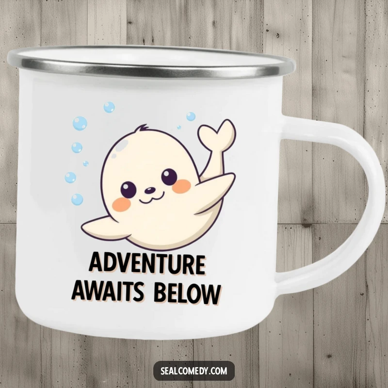 Funny Seal Camping Mug: A happy seal dives underwater, bringing joyful humor to outdoor adventures. Ideal funny gift for sea lovers.