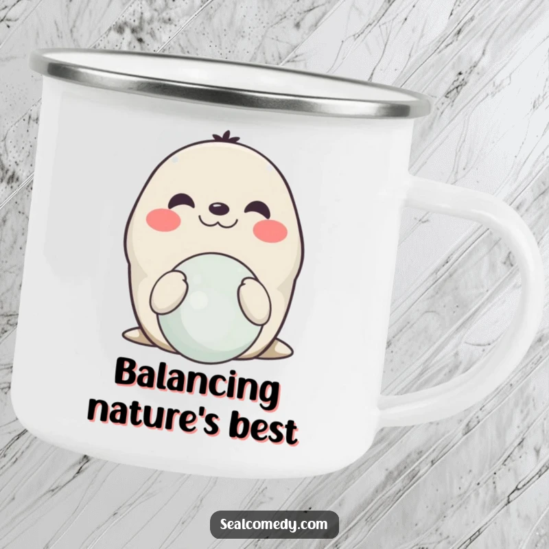 Funny smiling seal camping mug, showing a happy seal balancing a ball on its nose, perfect for outdoor stages.