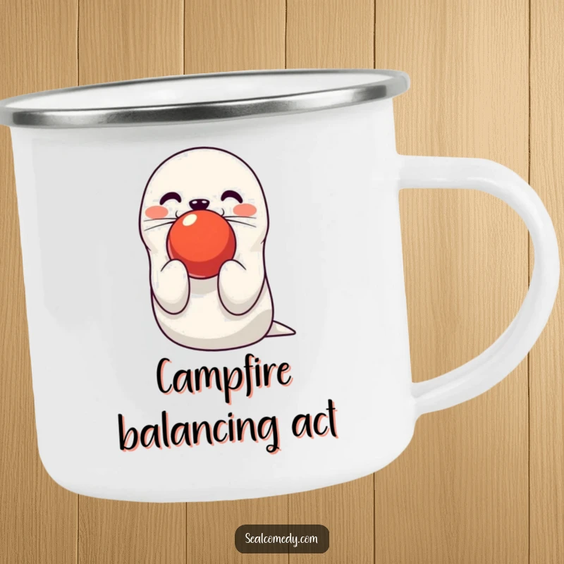 Funny seal camping mug showing a cute character balancing a red ball on its nose. A humorous travel mug.