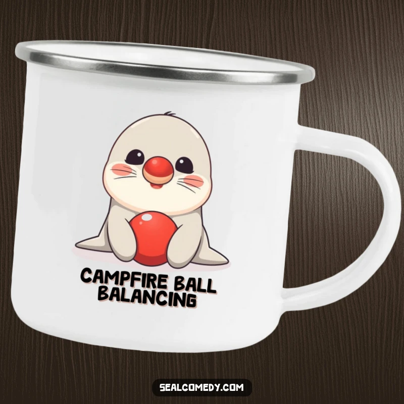 Funny seal camping mug with a happy sea creature balancing a bright red ball on its nose, perfect for outdoor fun.
