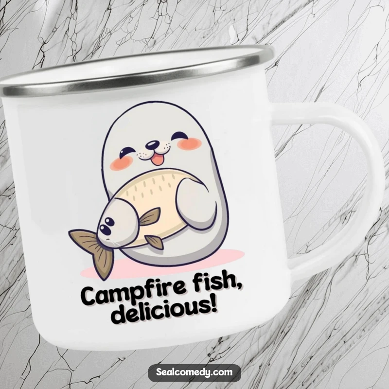 Funny seal camping mug showing a proud seal catching a fish, ideal for outdoor enthusiasts and humor lovers.