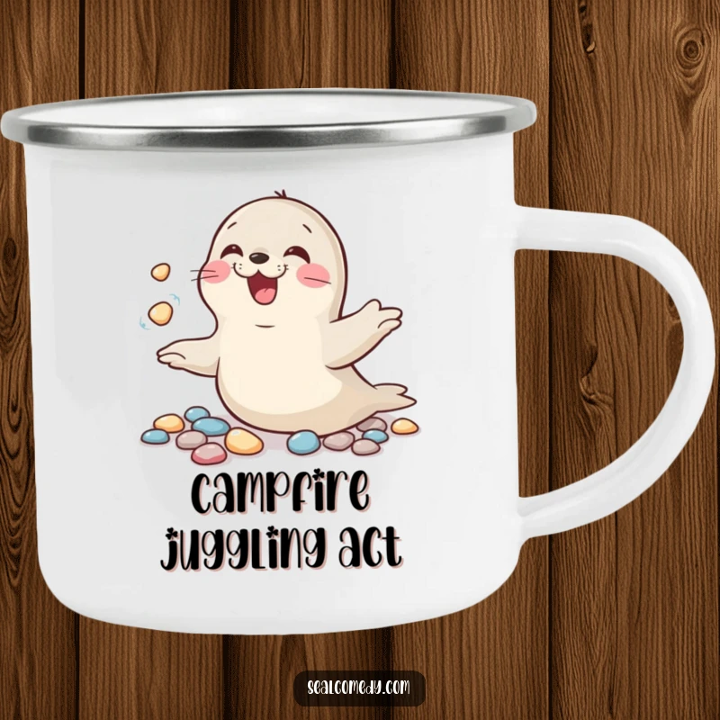 Funny camping mug showcasing a seal gleefully juggling shiny pebbles, perfect for adding cheer to outdoor trips.