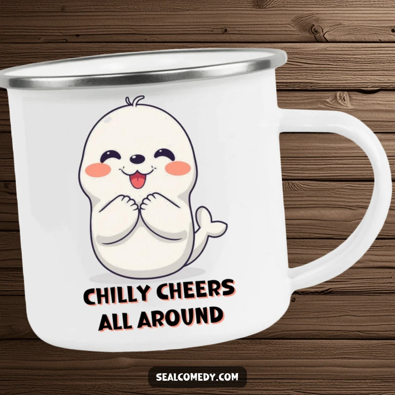 Funny camping mug featuring a seal character clapping its flippers, ideal for outdoor adventures and bringing a smile to your face.