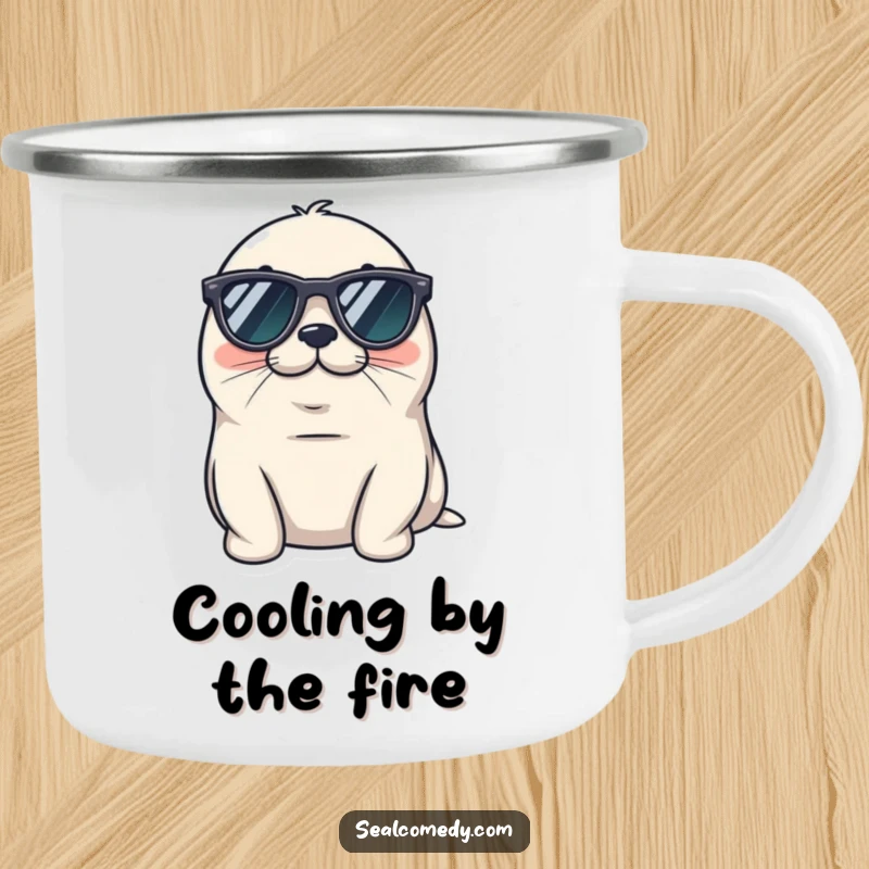 Funny seal camping mug wearing tiny sunglasses, looking cool and relaxed, a chill marine mammal with awesome shades.