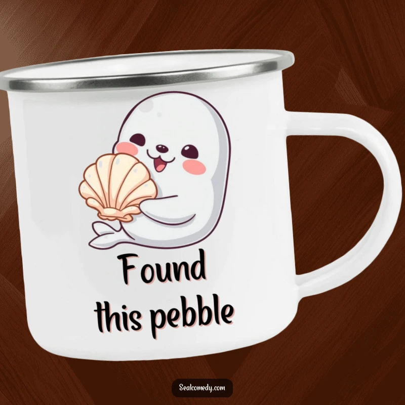 Funny camping mug featuring a smiling seal offering a shiny seashell, designed for durable outdoor use and cheerful sipping.